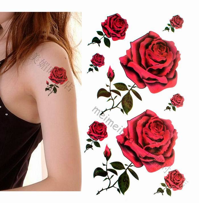 Tattoo Patch Waterproof Female Persistent Red Rose Flowers Sexy Seductive Chest Ankles Wrist Colorful Ins