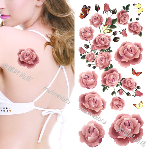 Waterproof tattoo sticker paper female colorful flower and grass waterproof persistent and elegant and elegant fresh rose pink