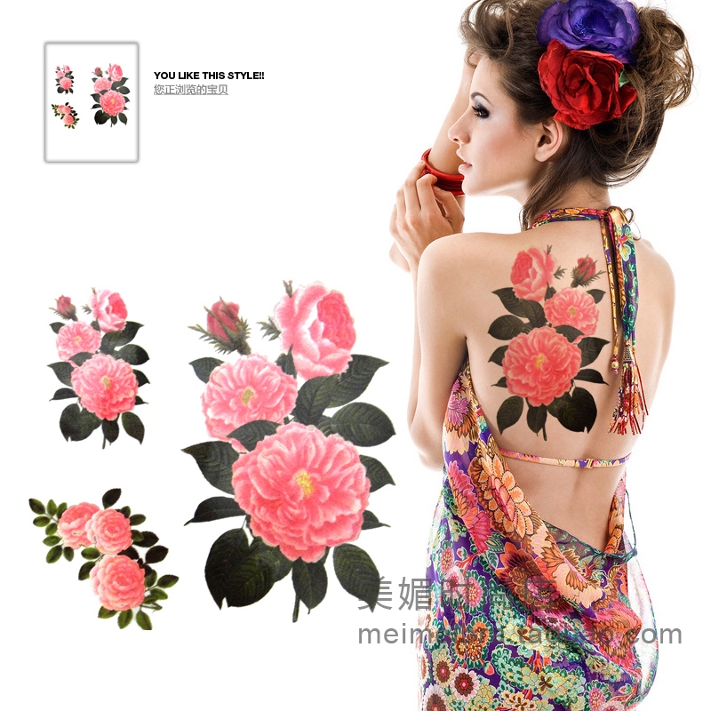 Waterproof Tattoo Sticker Paper Color Flower And Grass Series Stickleback fresh and elegant pink Grand Mudanflower back patch M