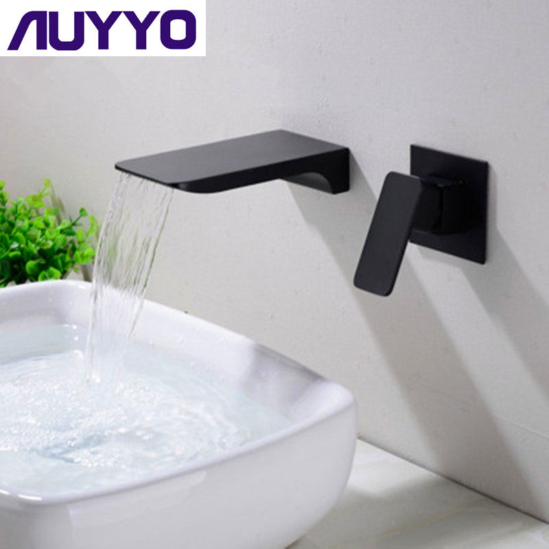 German AUYYO full copper dark loading wall-style waterfall tap black hot and cold bathroom face basin tap