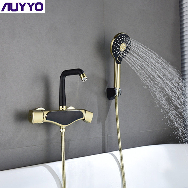 AUYYO bathtub faucet rose gold faucet black all copper gold cylinder edge into wall shower shower kit