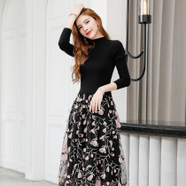 Dress female 2020 Autumn New Korean knitted stitching long sleeve long knee slim waist long skirt