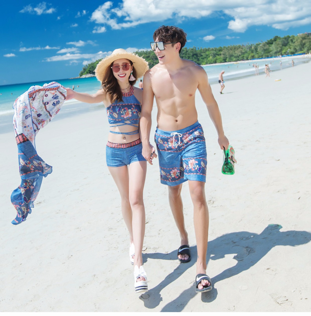 Cặp đôi đồ bơi mới bảo thủ che bụng bikini ba mảnh đi biển kỳ nghỉ quần nam đi biển mùa xuân áo tắm nóng đồ đôi mặc đi biển	