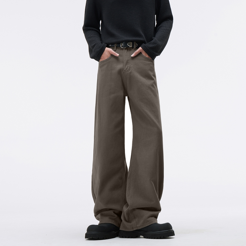Bgxmb Retro Style Maillard Brown Loose Versatile Straight-Leg Jeans Unisex Wide-Leg Pure Cotton Fleece-Lined Pants