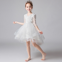 Childrens Gown Dinner FLUFFY YARN PRINCESS DRESS WHITE FLOWER FAIRYTALE DRESS FEMALE WINTER PIANO PERFORMANCE PRESENTER PLAY OUT