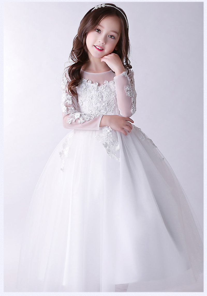 Trẻ em dài tay váy công chúa váy đàn piano trang phục cô gái váy cưới sàn catwalk máy chủ hoa cô gái sinh nhật mùa xuân trang phục đi tiêc trẻ em cao cấp
