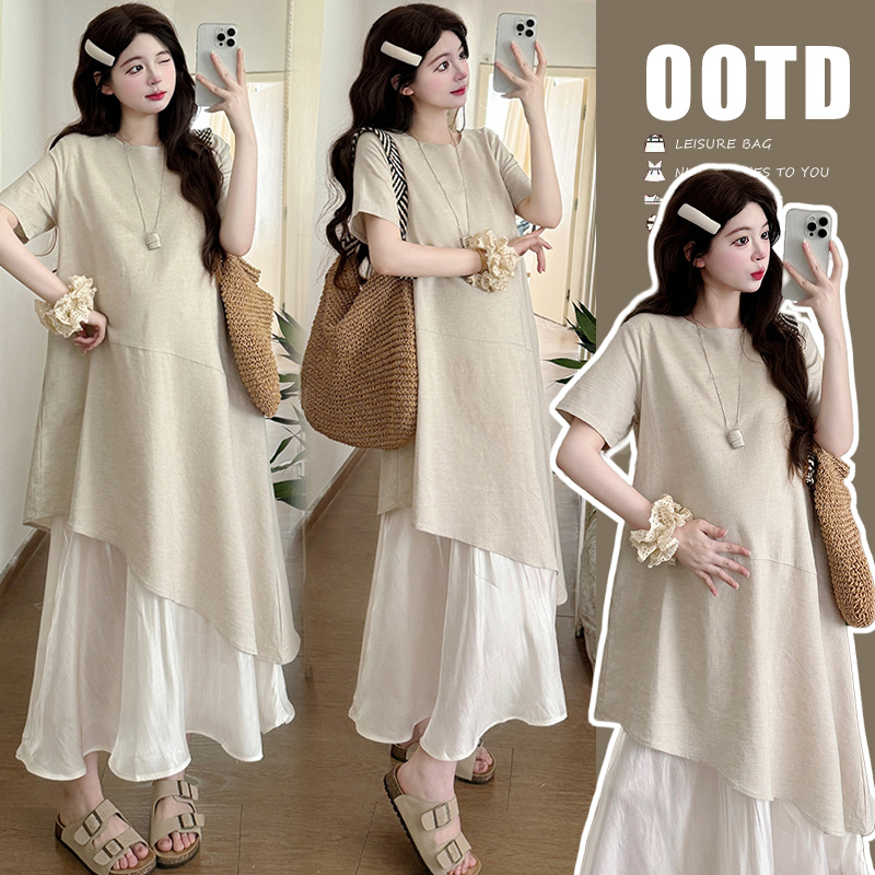 Maternity Dress 2026 New Summer Style for Pregnant Women, High-End Short-Sleeved Summer Outfit, Trendy Two-Piece Dress for Pregnant Women during Pregnancy