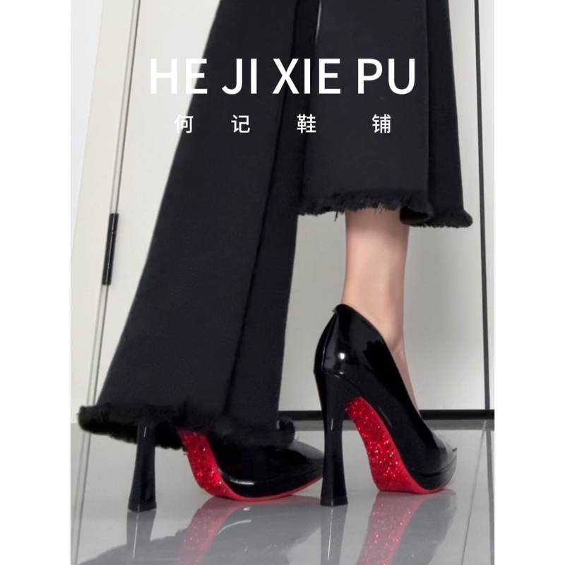 New Black Patent Leather Rhinestone Red-Soled High-Heeled Shoes for Women, Pointed Toe, Thick Heel, Waterproof Platform, Sexy and Elegant Style High-Heeled Shoes