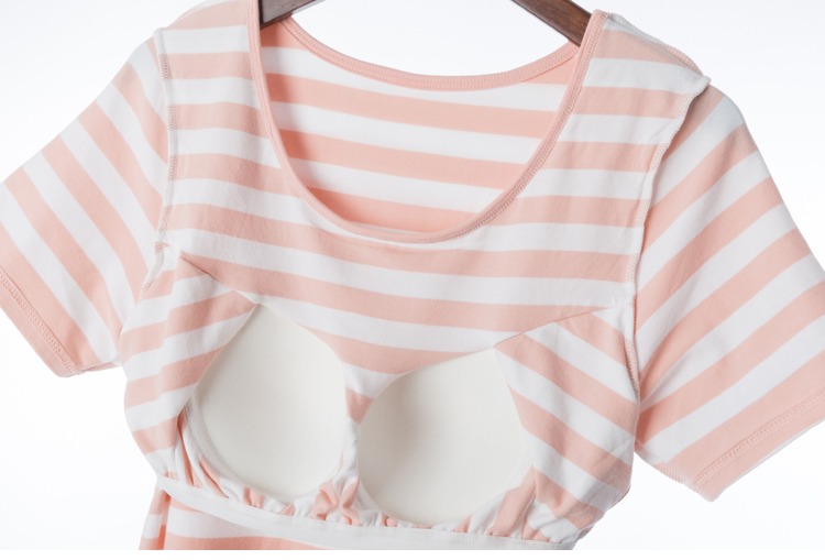 Mùa hè cotton modal sọc ngực pad ngắn tay áo ngủ miễn phí áo ngực mỏng phần rộng kích thước lớn nhà đầm nữ váy ngủ đẹp
