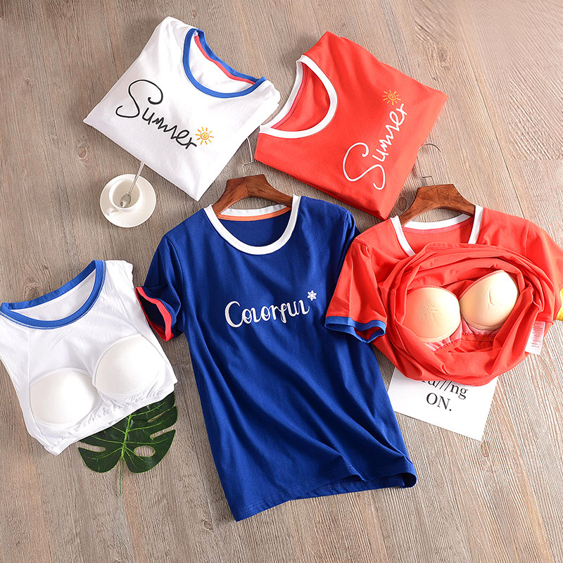 Pure cotton cup one-piece short-sleeved T-shirt women's fashion personality letter printing round neck free bra outside wear loose summer