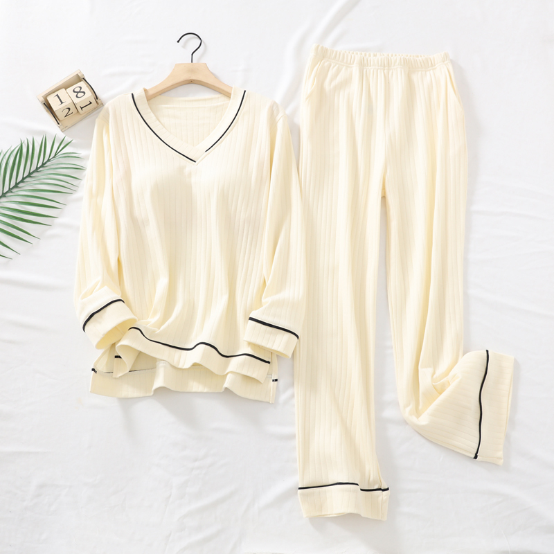 Spring and Autumn Knitted Cotton with Built-In Bra Pads, Long-Sleeved and Long Pants, Casual Korean-Style Loungewear Pajama Set That Can Be Worn Outside