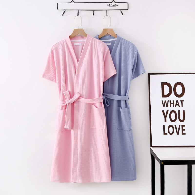 Cotton Waffle Couple's Summer Thin Short-Sleeved Bathrobe, Home Wear, Hotel and Beauty Salon Special Robe