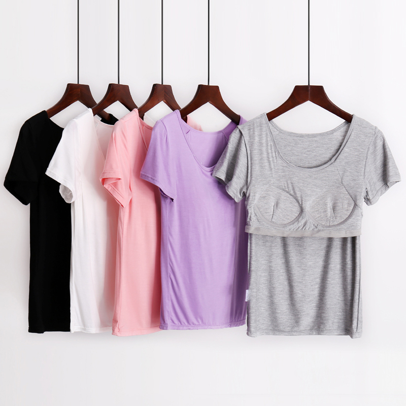 Modal Short-Sleeved T-Shirt with Breast Pads, No Need to Wear a Bra, One-Piece Top, Yoga Cotton Pajamas for Women in Summer