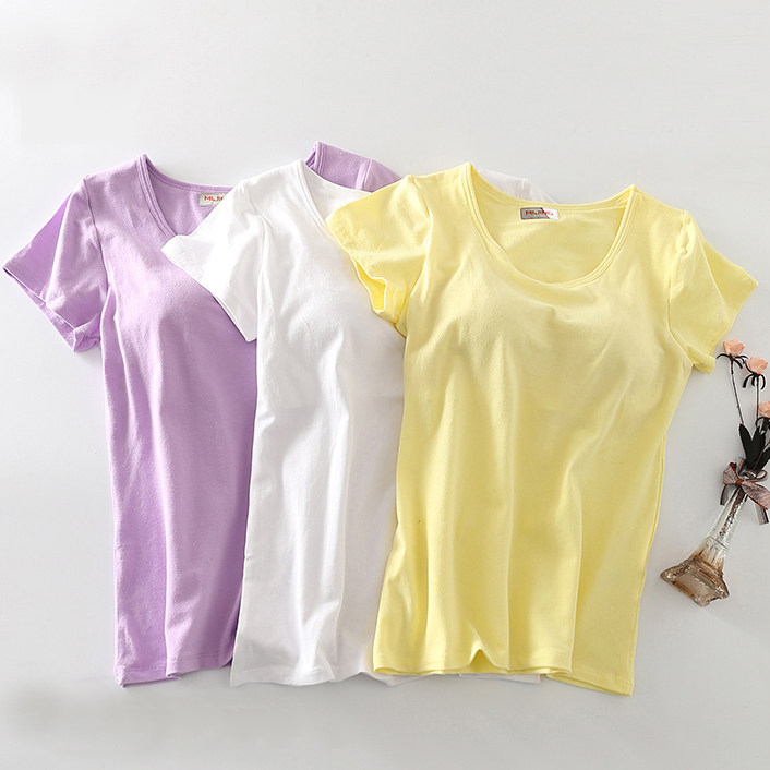 Pure cotton women with chest pad bra-free cup one-piece half-sleeve T-shirt Short sleeve thin sexy casual slim-fit base shirt