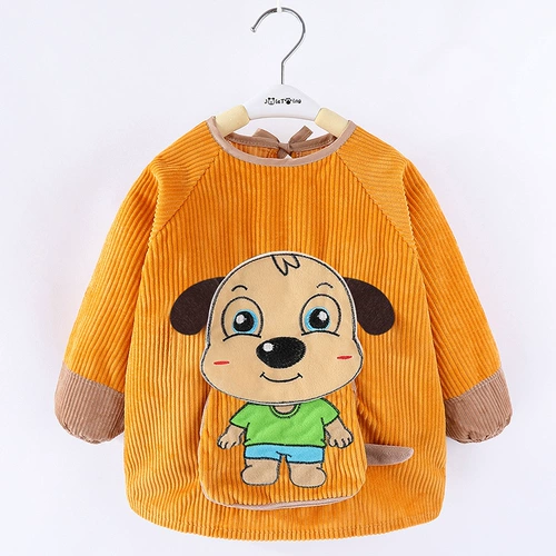 Демисезонный бархатный детский водонепроницаемый фартук для раннего возраста, лонгслив для еды, сзади на завязках, с карманом