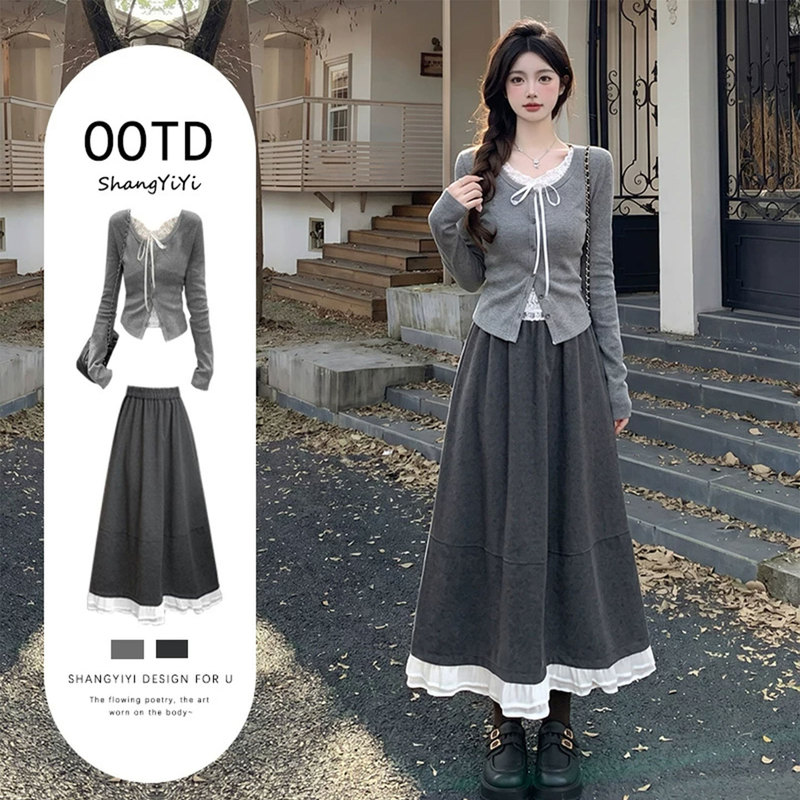 Fashion Suit for Women, Autum 2026 New Style, Lace Splicing Fake Two-Piece Long-Sleeved T-Shirt Top and Skirt Two-Piece Set Fashion Suit for Women, Autum 2026 New Style, Lace Splicing Fake Two-Piece Long-Sleeved T-Shirt Top and Skirt Two-Piece Set