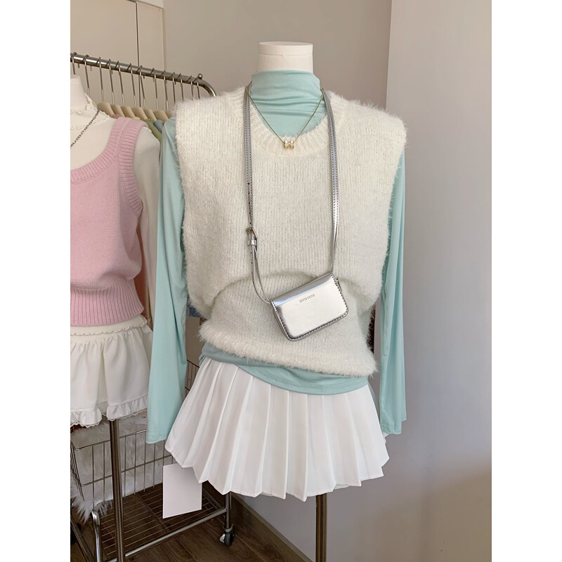 Korean Style Super Pretty White Preppy Knit Sleeveless Sweater Vest for Women, Suitable for Layering in Spring, Autumn, and Winter