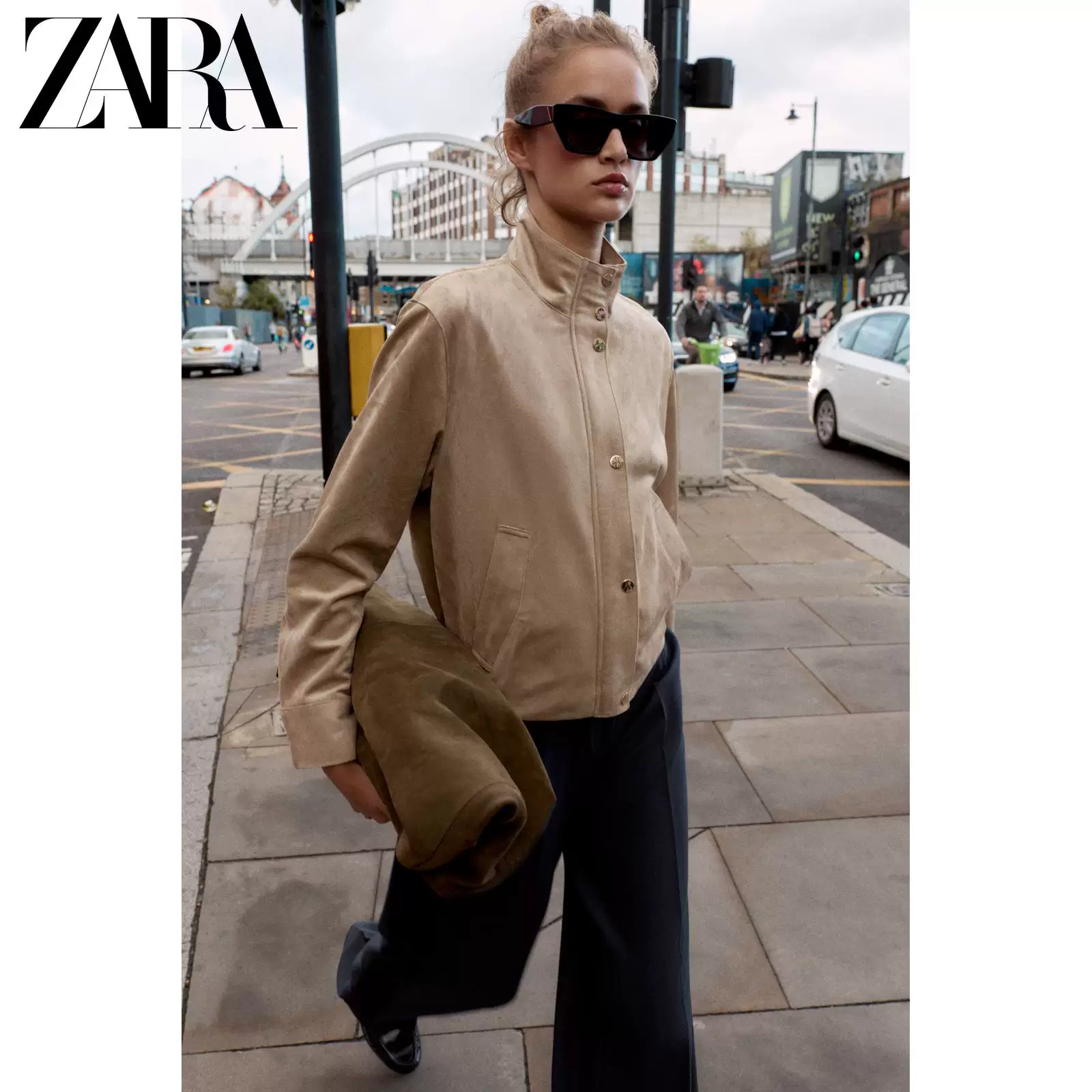 ZARA 2025 Осень Новинка Женская куртка с stand-воротом, замша эффект, 3046278 704