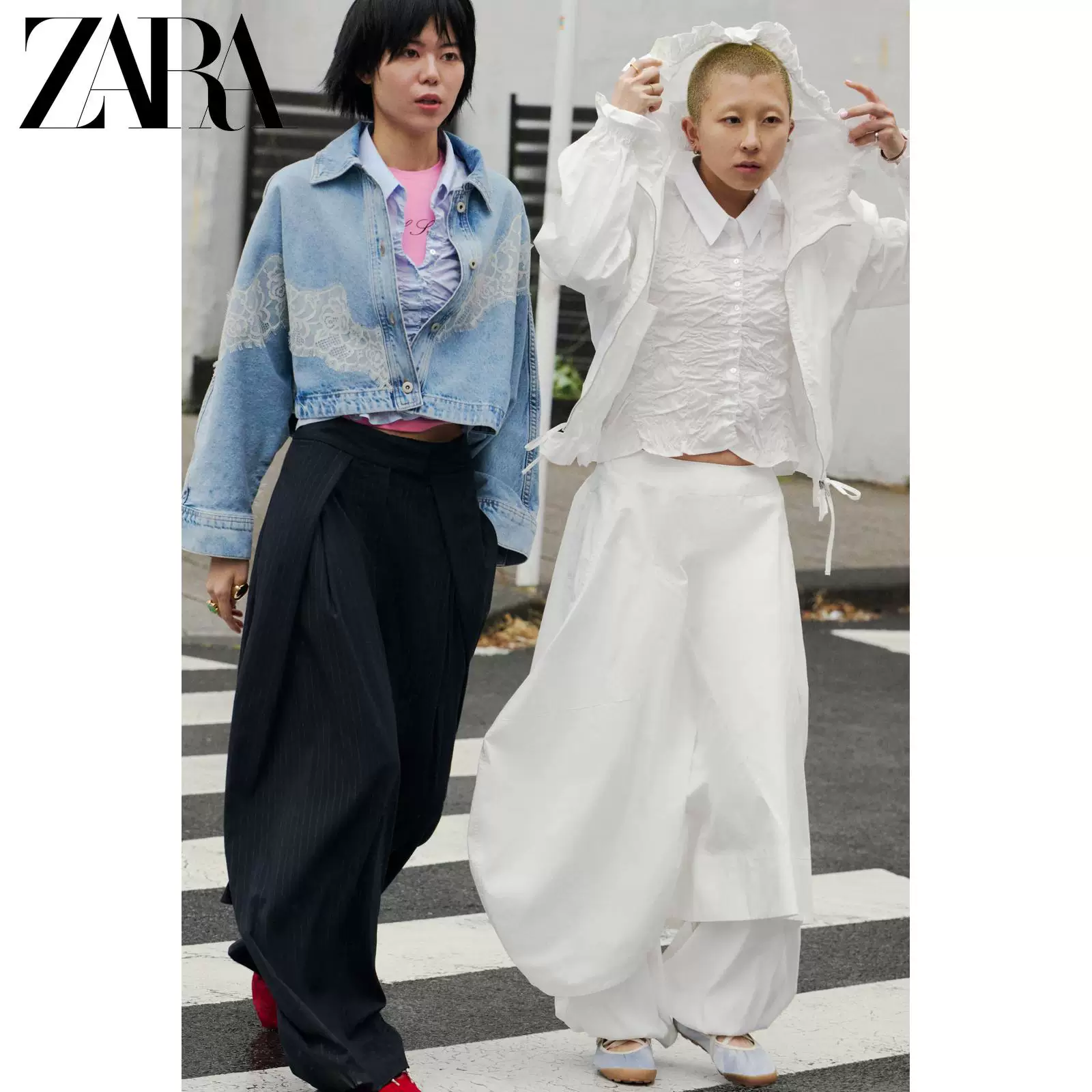 Короткий джинсовый жакет с кружевом ZARA, женский, 100% хлопок, весна/лето