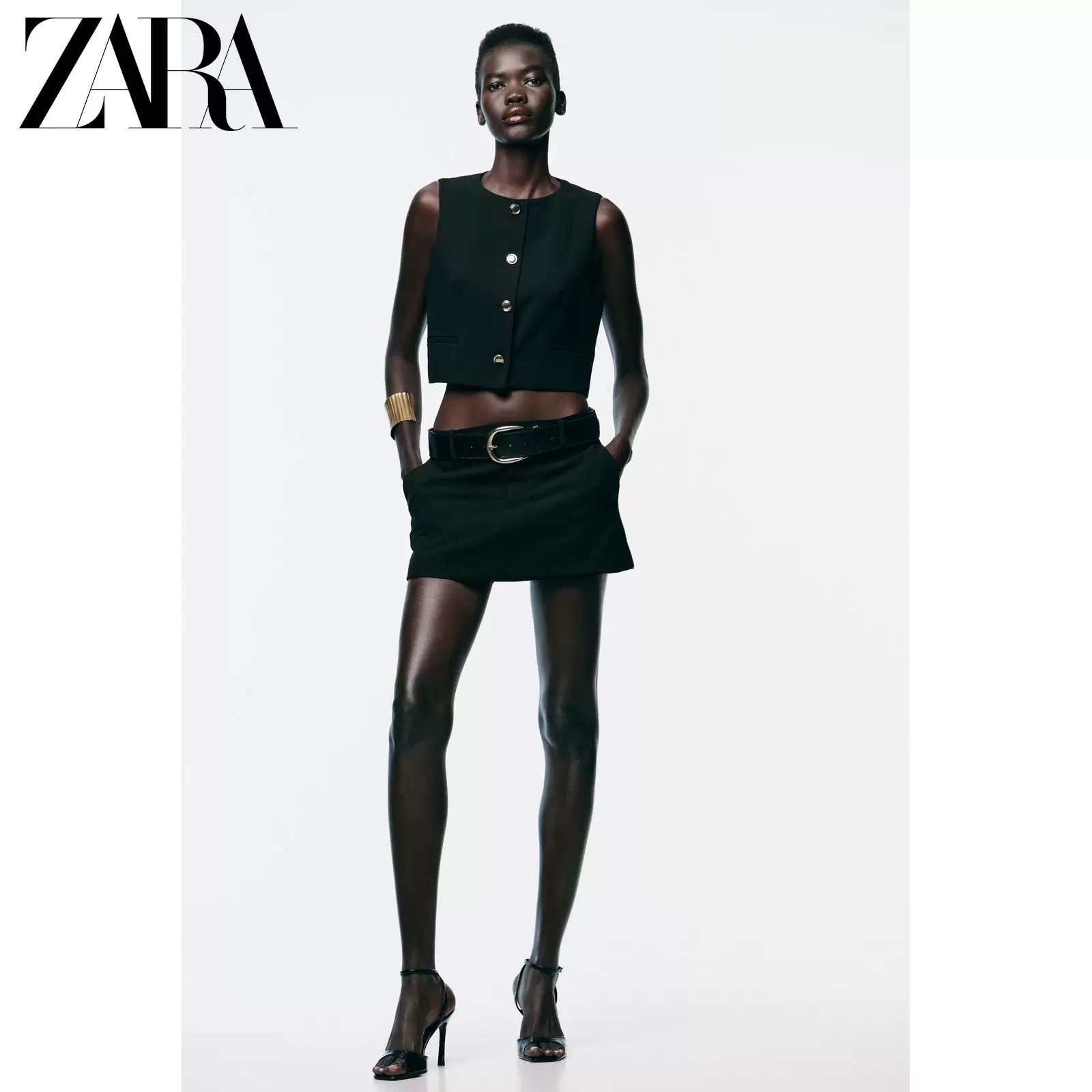 ZARA 2026 весна-лето новые поступления женские безрукавка с круглым вырезом золотистая кнопка короткий жилет 4387360 800