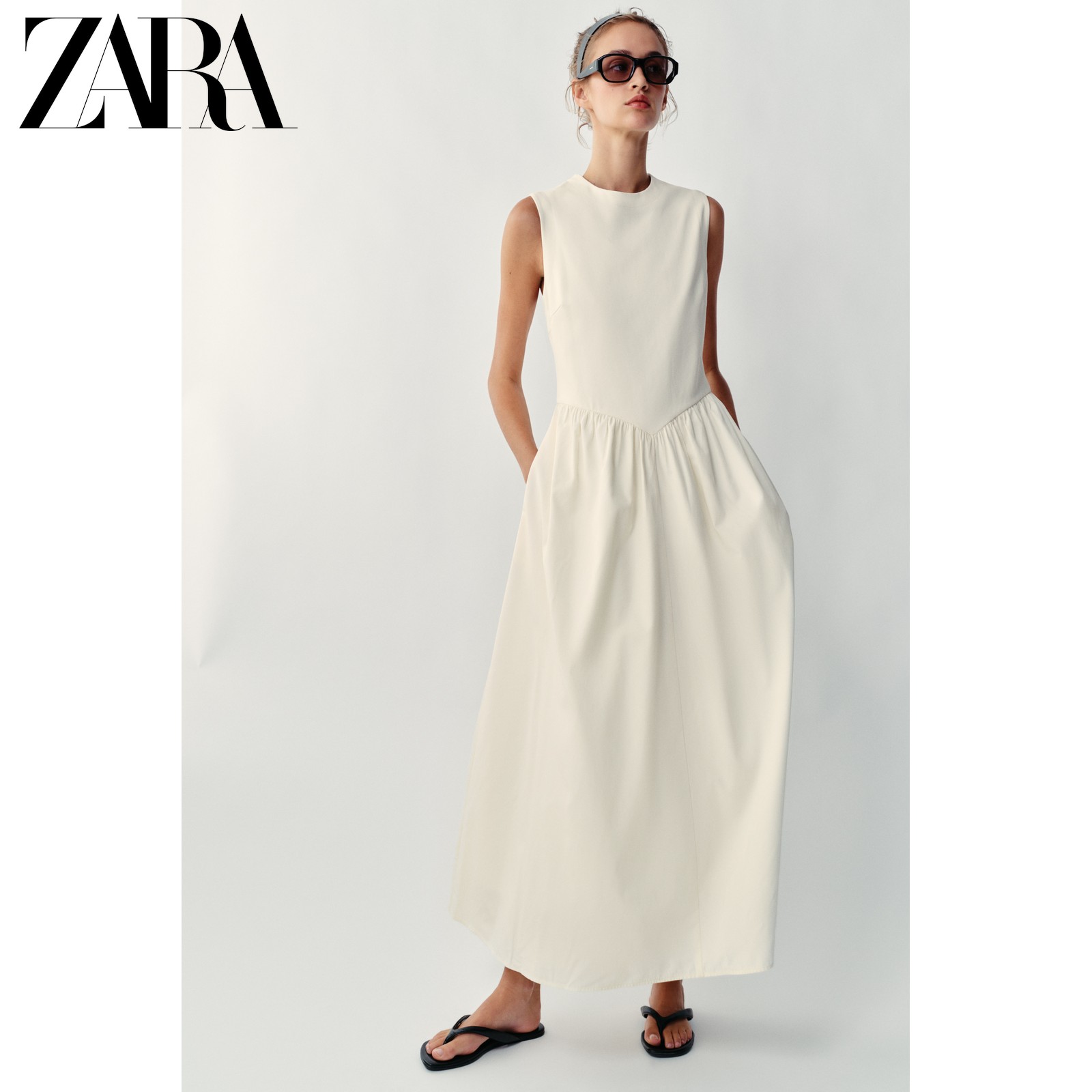 ZARA2026 ранняя осень, новое женское платье миди без рукавов с круглым вырезом и однотонной строчкой, 8372250 712