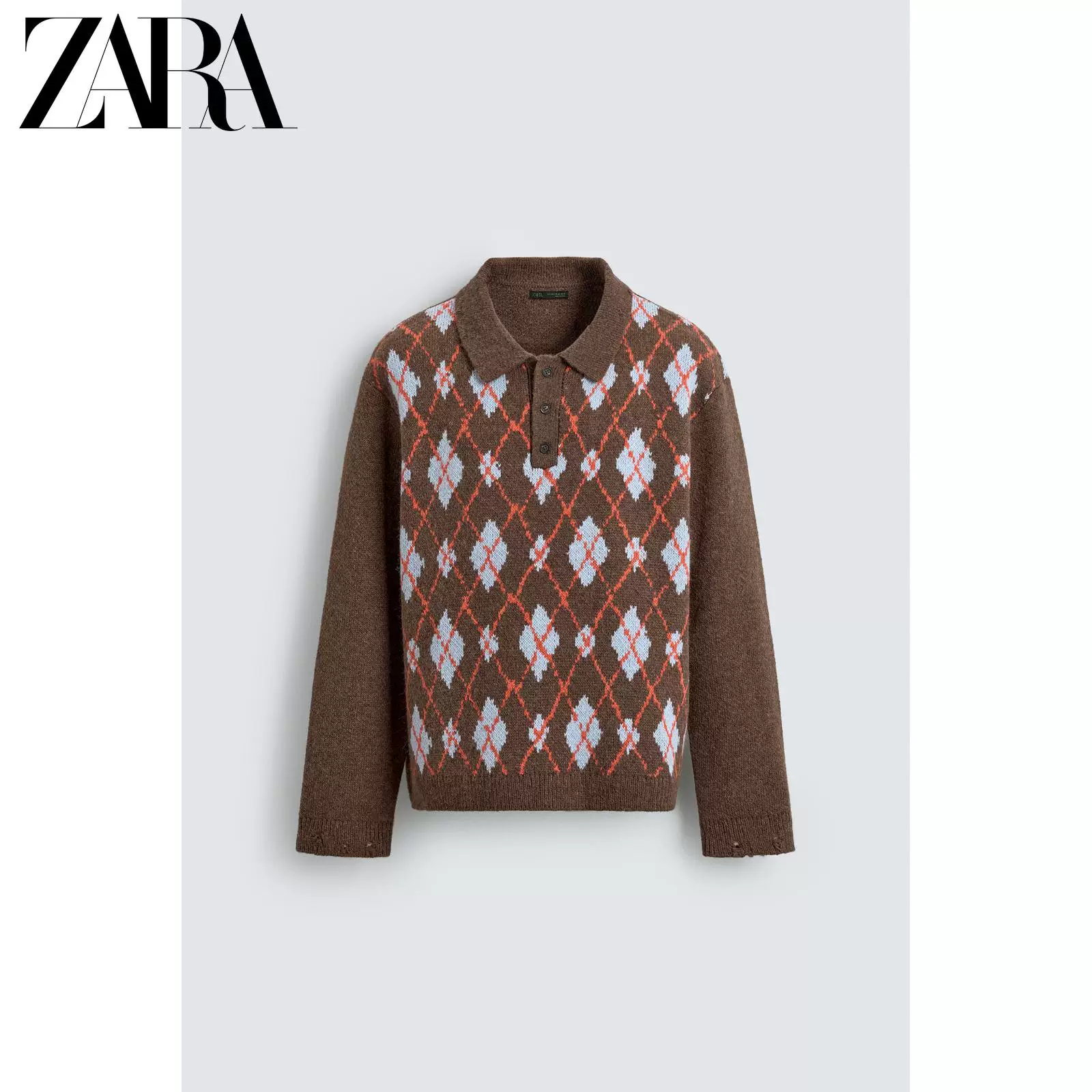 ZARA весна-лето 2026 новый приход мужская шероховатая диагональная красивая рубашка-поло с узором драгоценной каменной серединки 2893402 700