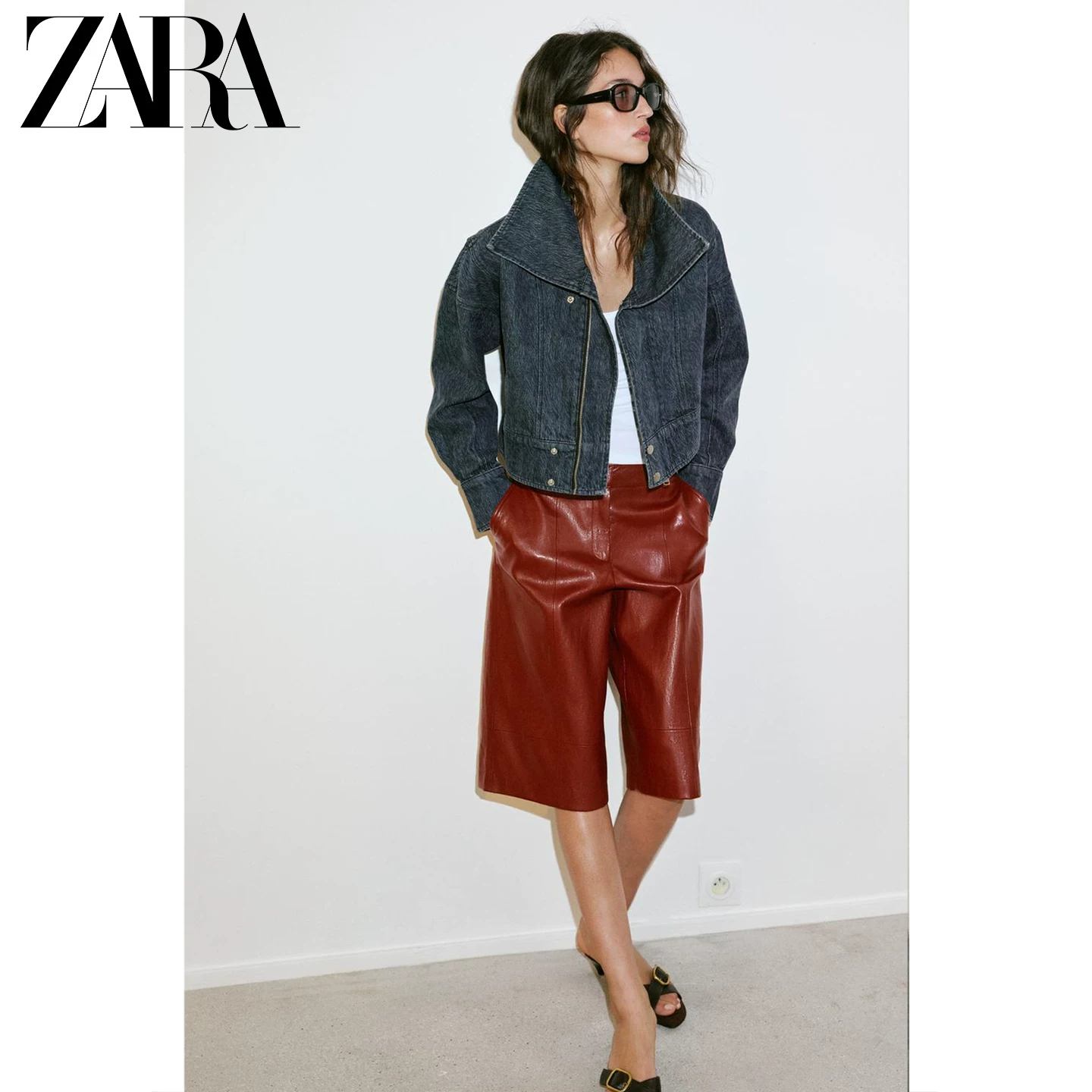 Женская джинсовая куртка ZARA Z1975, длинный рукав, укороченный крой, 100% хлопок, весна/лето