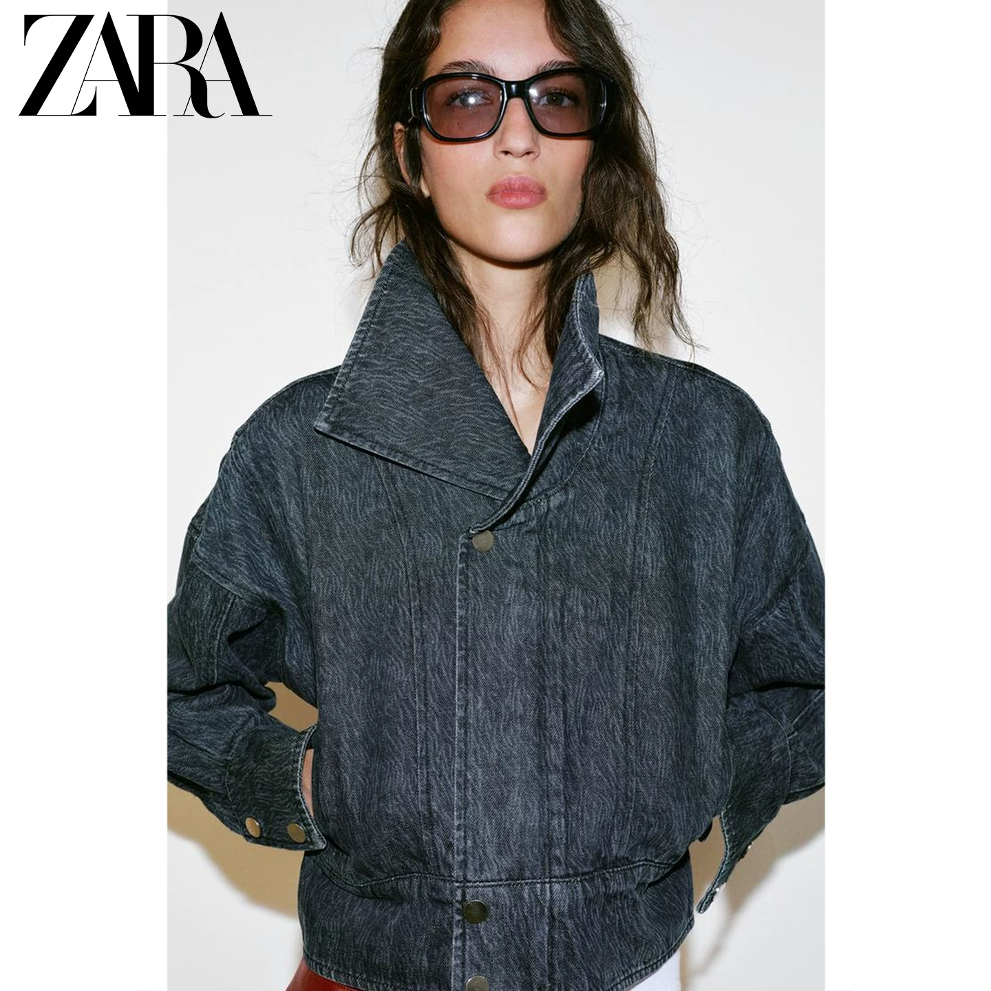 Женская джинсовая куртка ZARA Z1975, длинный рукав, укороченный крой, 100% хлопок, весна/лето