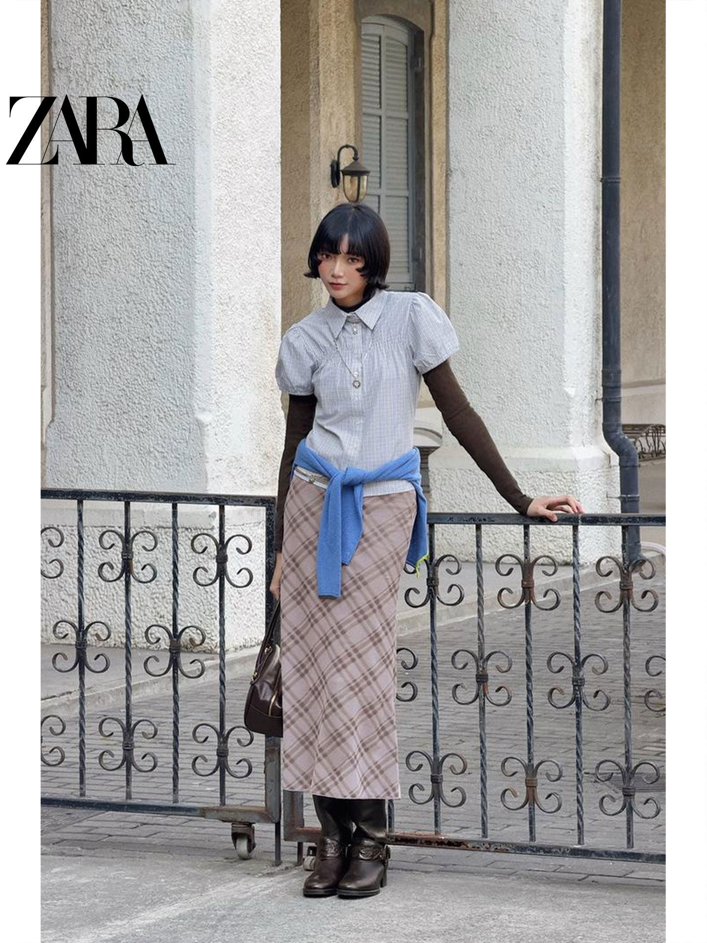 ZARA2025冬季新品TRF 女装短袖弹力府绸格子衬衫1210008 049-淘宝网