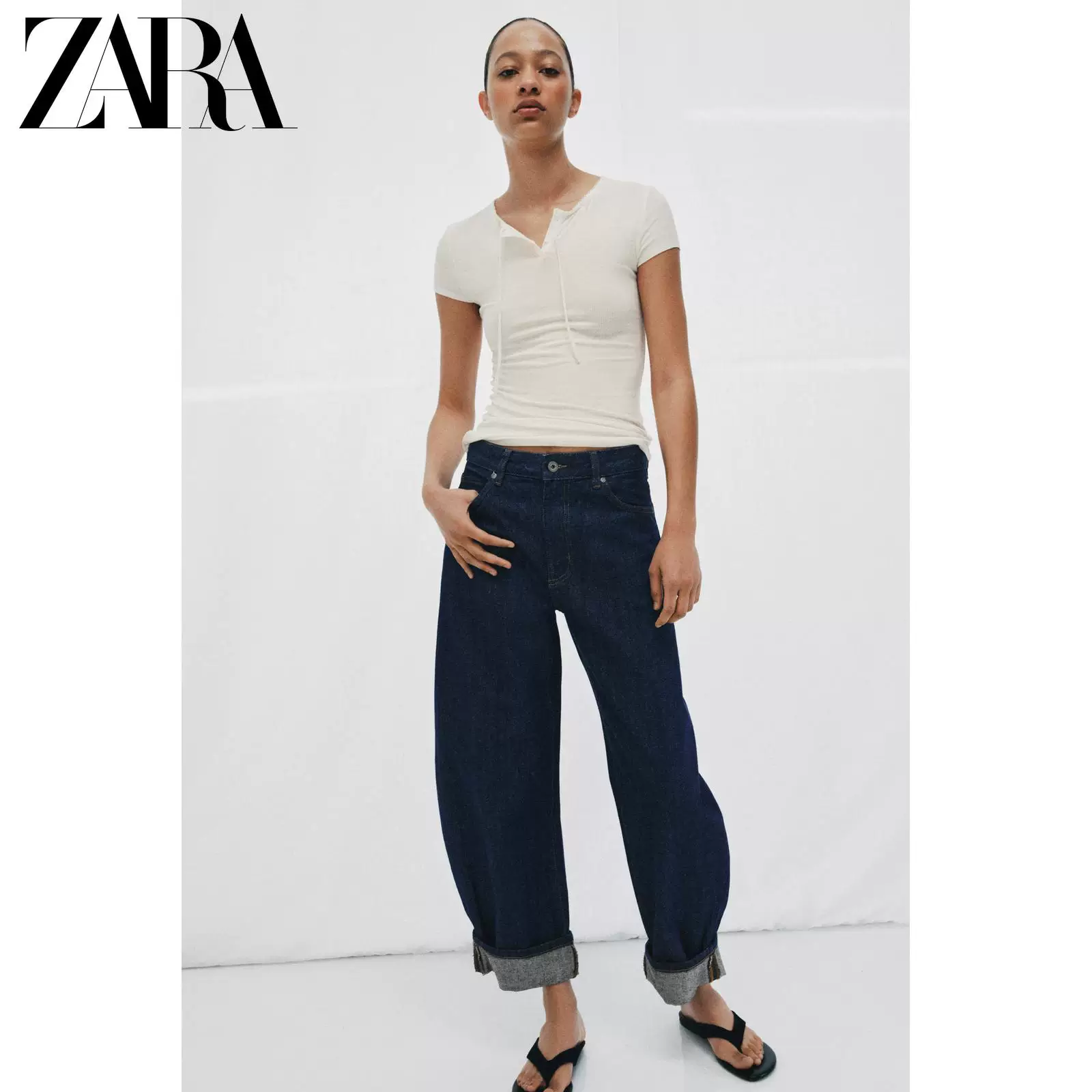 ЖЕНСКАЯ футболка с коротким рукавом и круглым вырезом ZARA 2026 весна-лето, slim, кнопки, маленький открытый воротник, модель 1223018