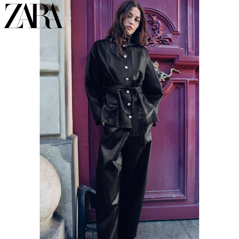 Zara26 New Autumn Products Women's Long-Sleeved High-Neck Leather-Effect Belt Jacket 3046284 800
