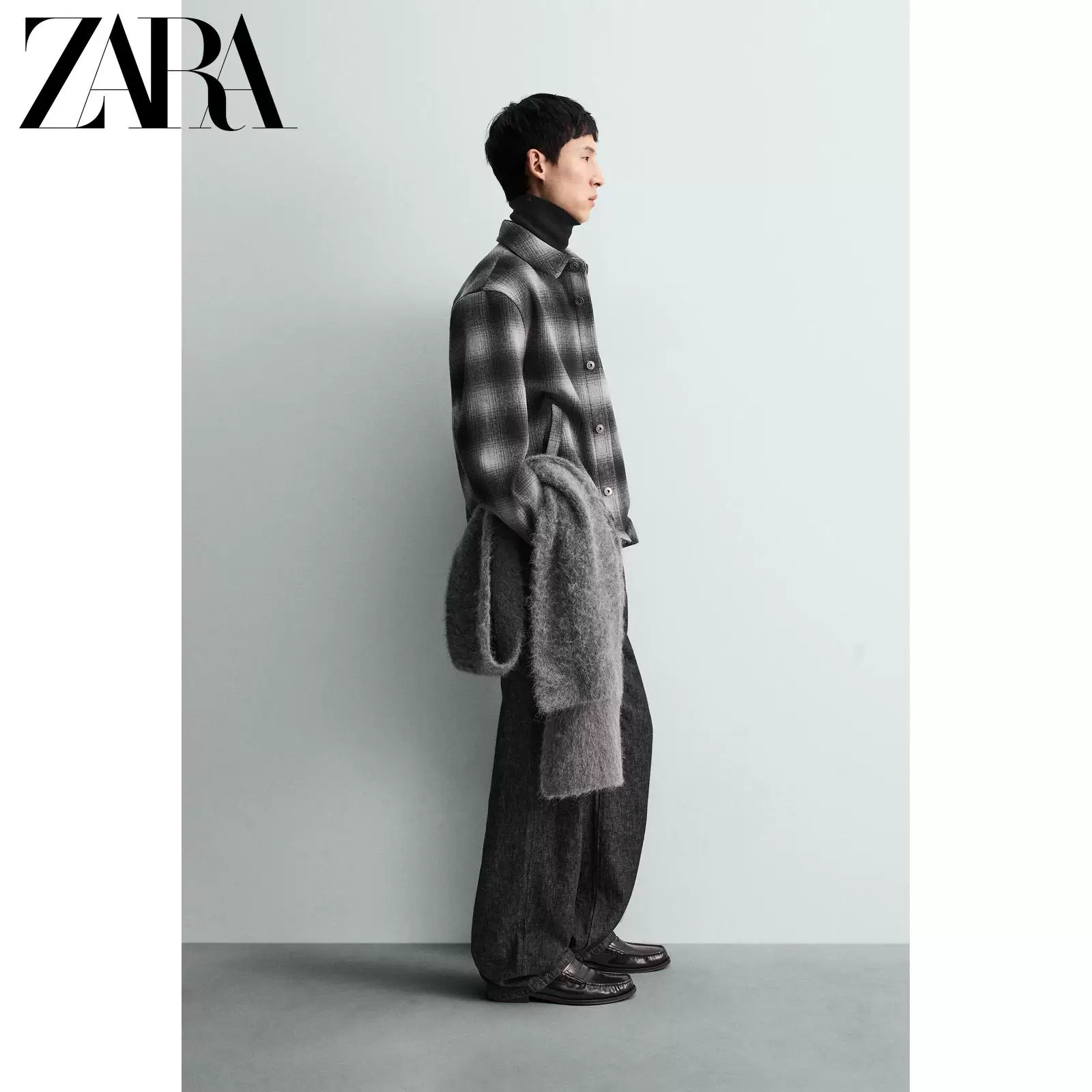 ZARA 2025 Зимние новинки мужская свободная лацканная рубашка с длинным рукавом клетчатая куртка 4391900 084