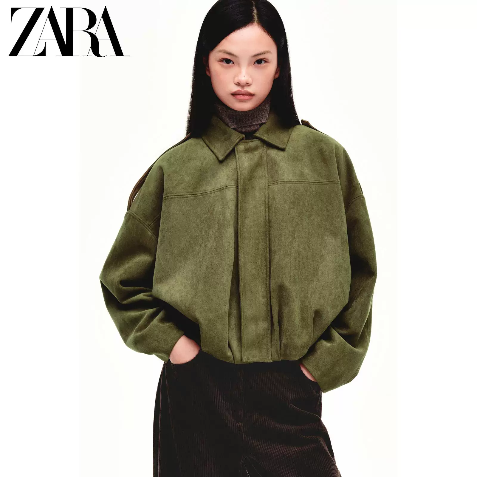 Бомбер женский (ZARA) с эффектом замши, длинные рукава, осень 2025