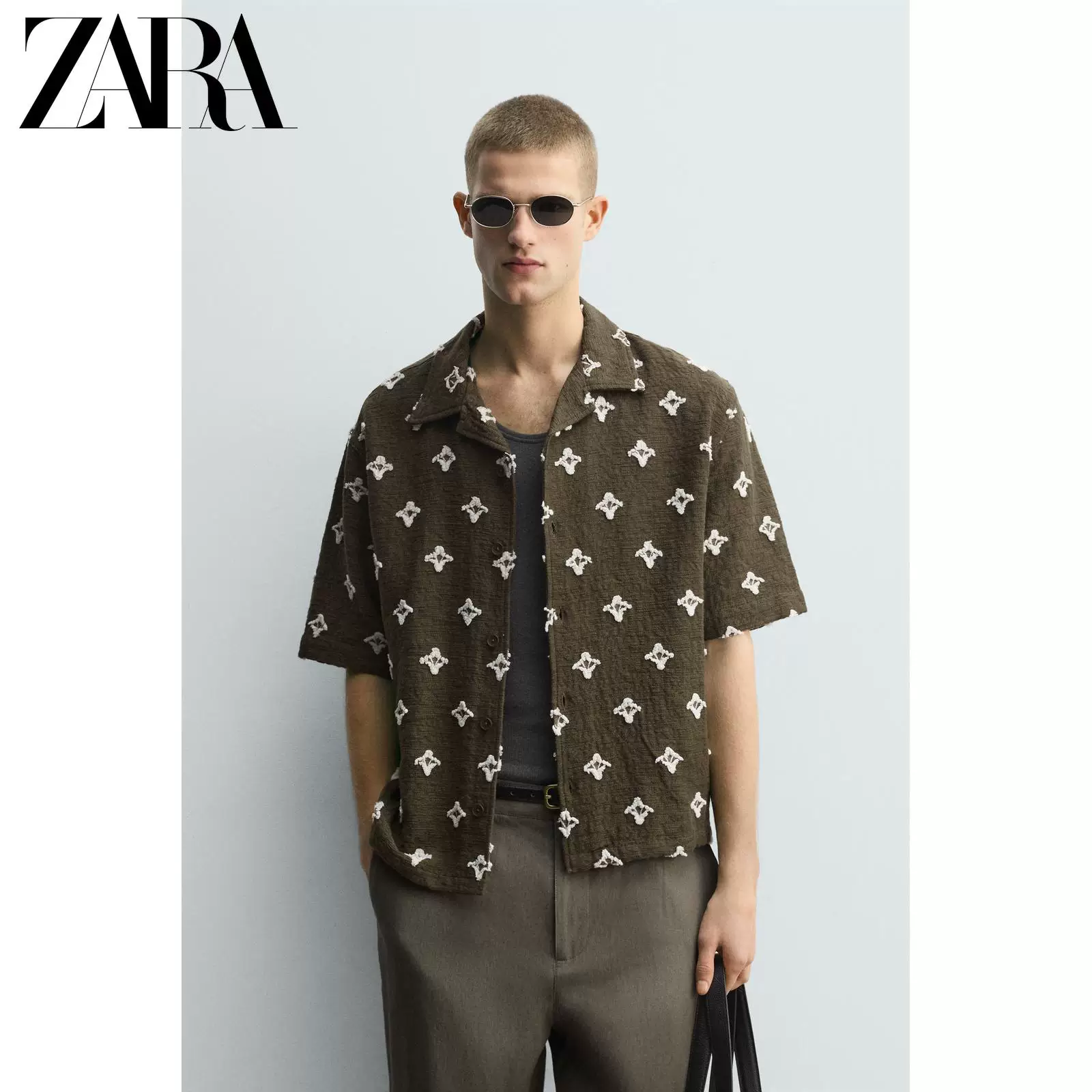 ZARA 2026 весна-лето новые мужские свободные рубашки с повсеместным принтом крестовидный рисунок короткий рукав 2878378 507
