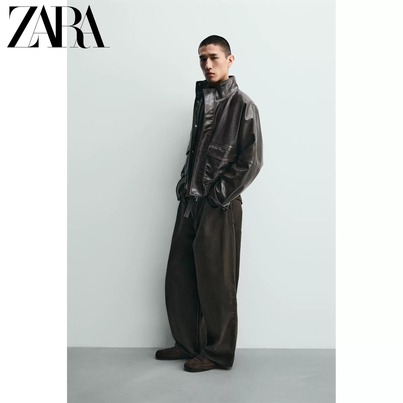 ZARA 2026 весна-лето новые товары мужская куртка из искусственной кожи короткий рукав с длинным рукавом стоячий воротник 3046443 700