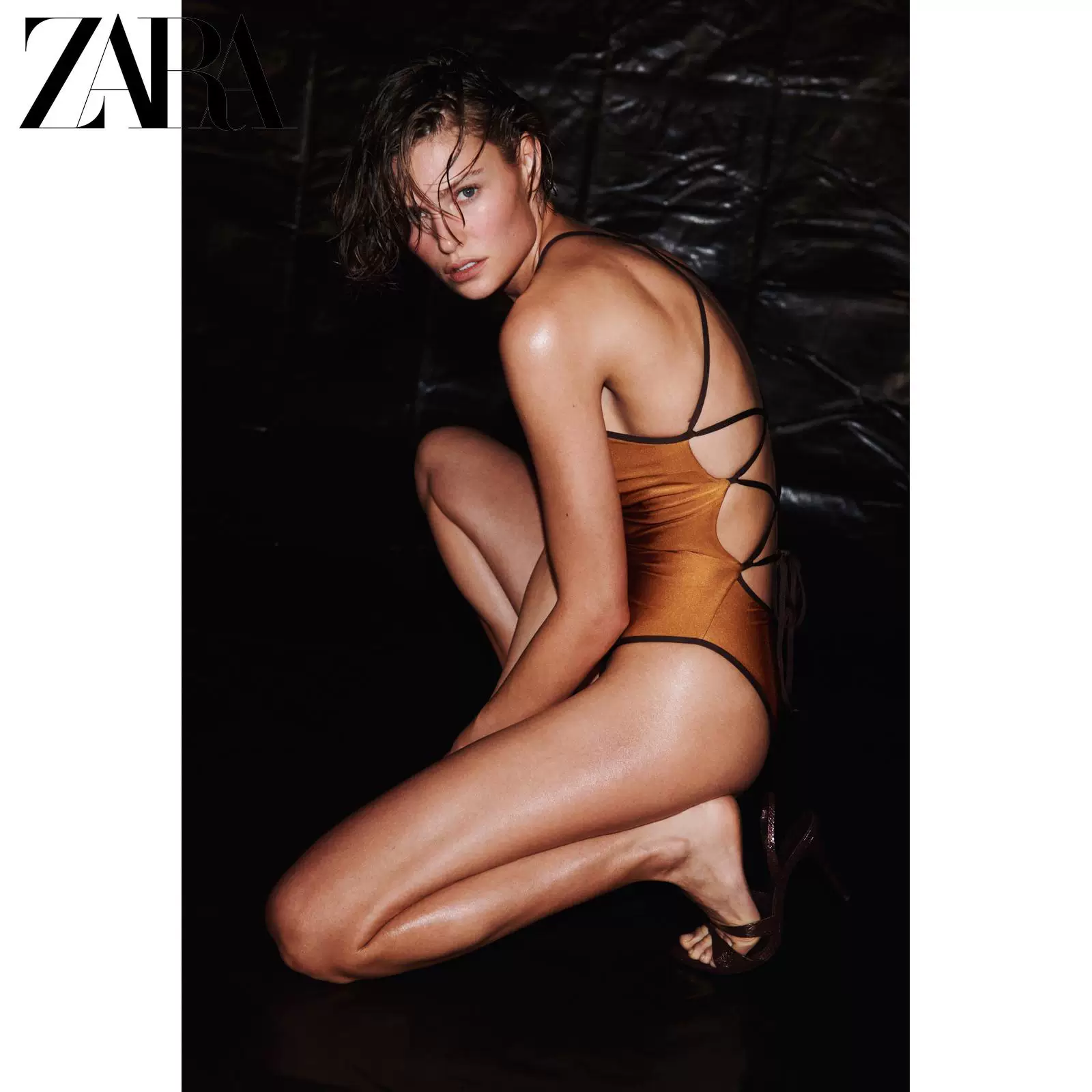 Купить ZARA 2026 весна-лето новая коллекция женский купальник с V-образным вырезом контрастной расцветки украшение шелковистая атласная текстура 2856012 614