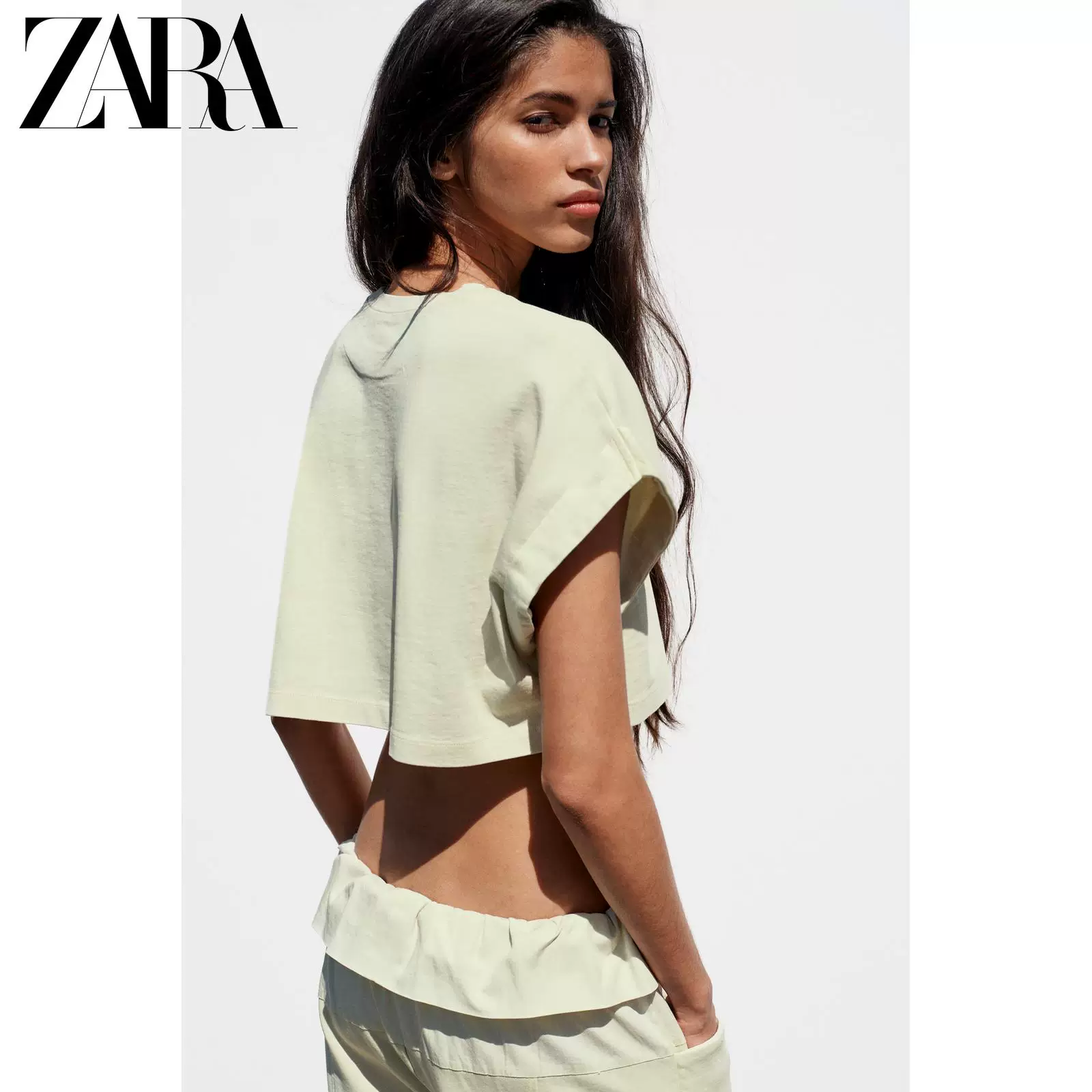 ZARA 2026 весна-лето новые товары Женская футболка с коротким рукавом и круглым вырезом, slim fit, повседневная стиль сплайс, 3253362
