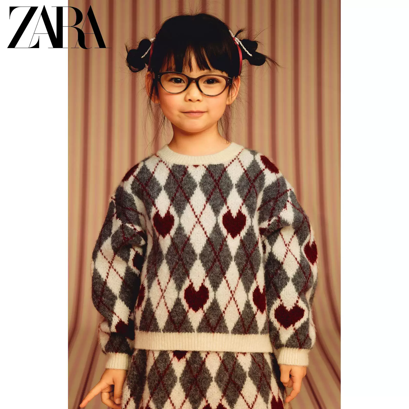 ZARA 2026 весна-лето новые поступления, для девочек-деток, свитер с ромбовидным узором в форме сердца 3920519 803