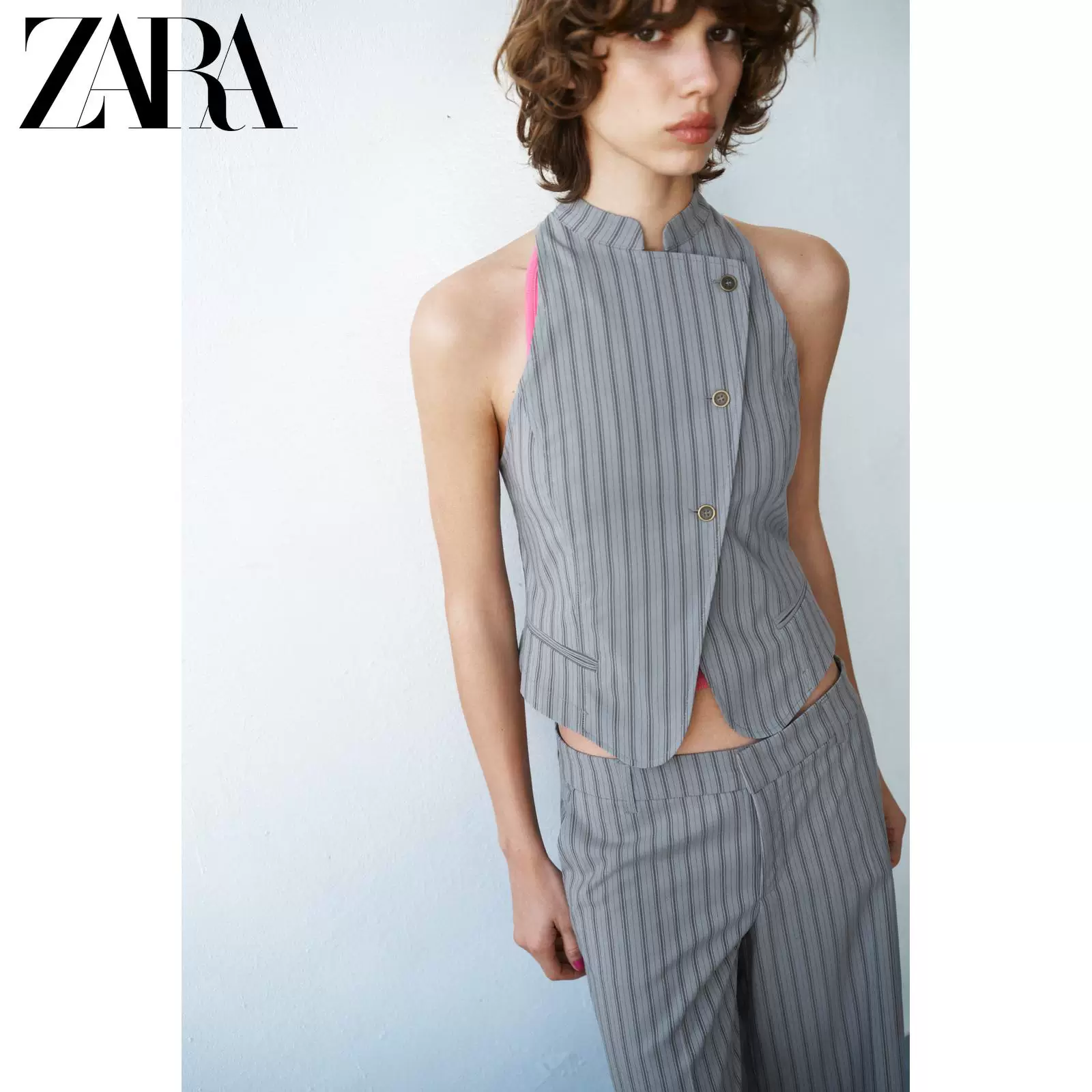 ZARA 2026 весна-лето новая коллекция TRF Женский безрукавка с круглый воротник и два ряда пуговиц в полоску 2010731 485