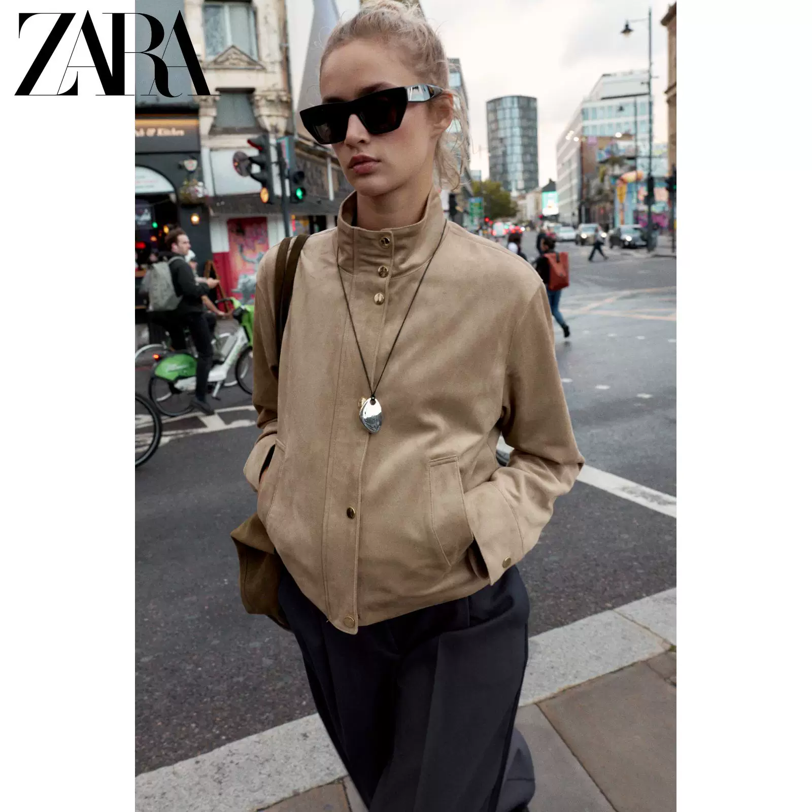 ZARA 2025 Осень Новинка Женская куртка с stand-воротом, замша эффект, 3046278 704