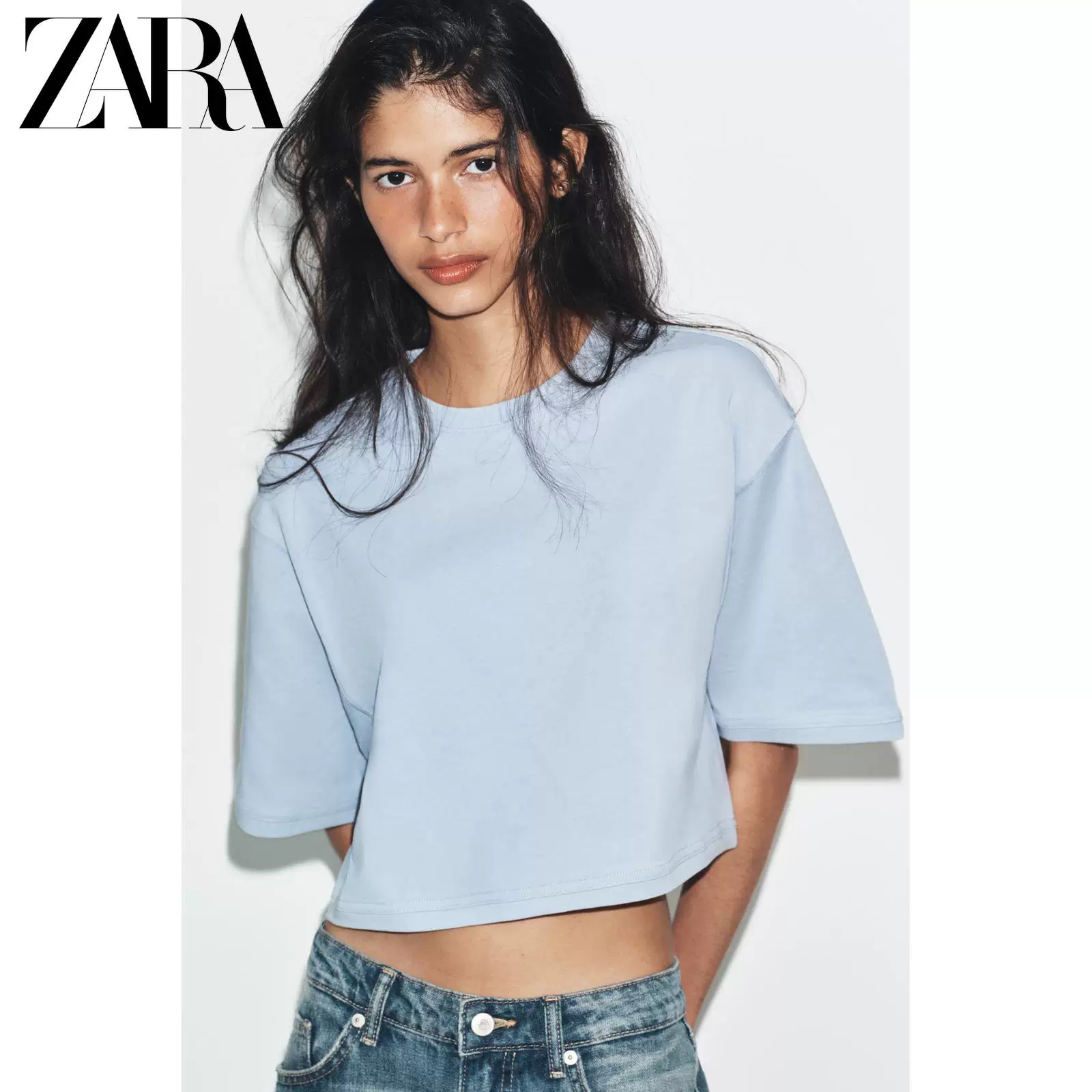 ZARA 2026 год весна-лето: женская футболка с коротким рукавом, круглый вырез, свободный крой, в различных цветах 3253335