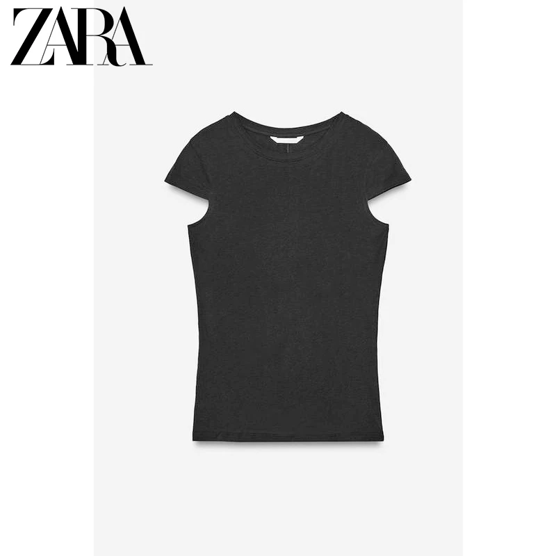 Футболка (ZARA) с круглым вырезом, приталенная, короткий рукав, 100% хлопок, минимализм