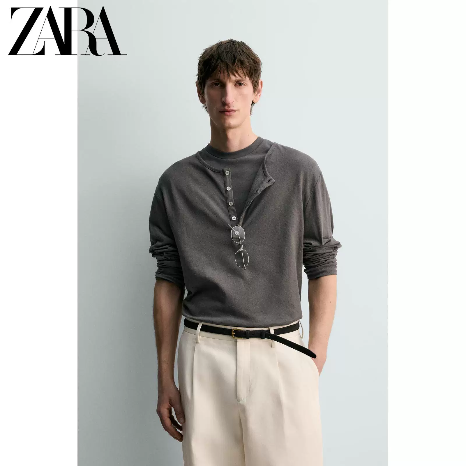 Мужская рубашка-поло из смеси хлопка и льна ZARA 2026 весна-лето, multicolor, с маленькой открытой воротничком, кнопка, цветной