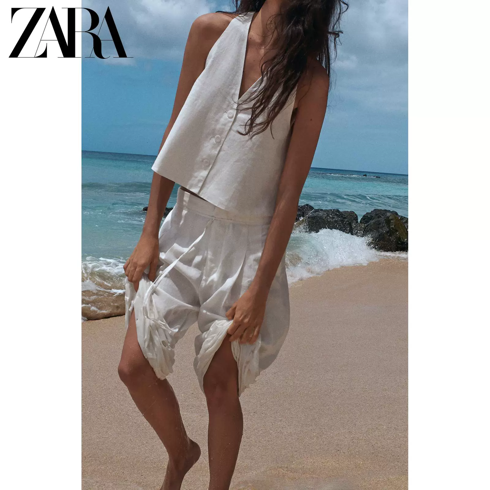 ZARA 2026 весна-лето новая коллекция TRF женский жилет без рукавов из льна с V-образным вырезом Breasted Vest 5427707 251