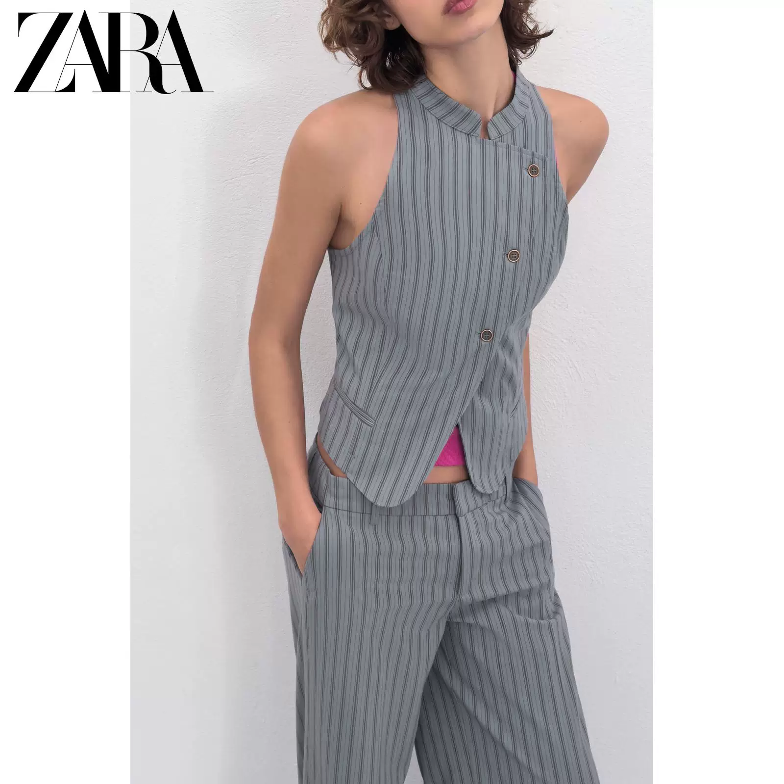 ZARA 2026 весна-лето новая коллекция TRF Женский безрукавка с круглый воротник и два ряда пуговиц в полоску 2010731 485