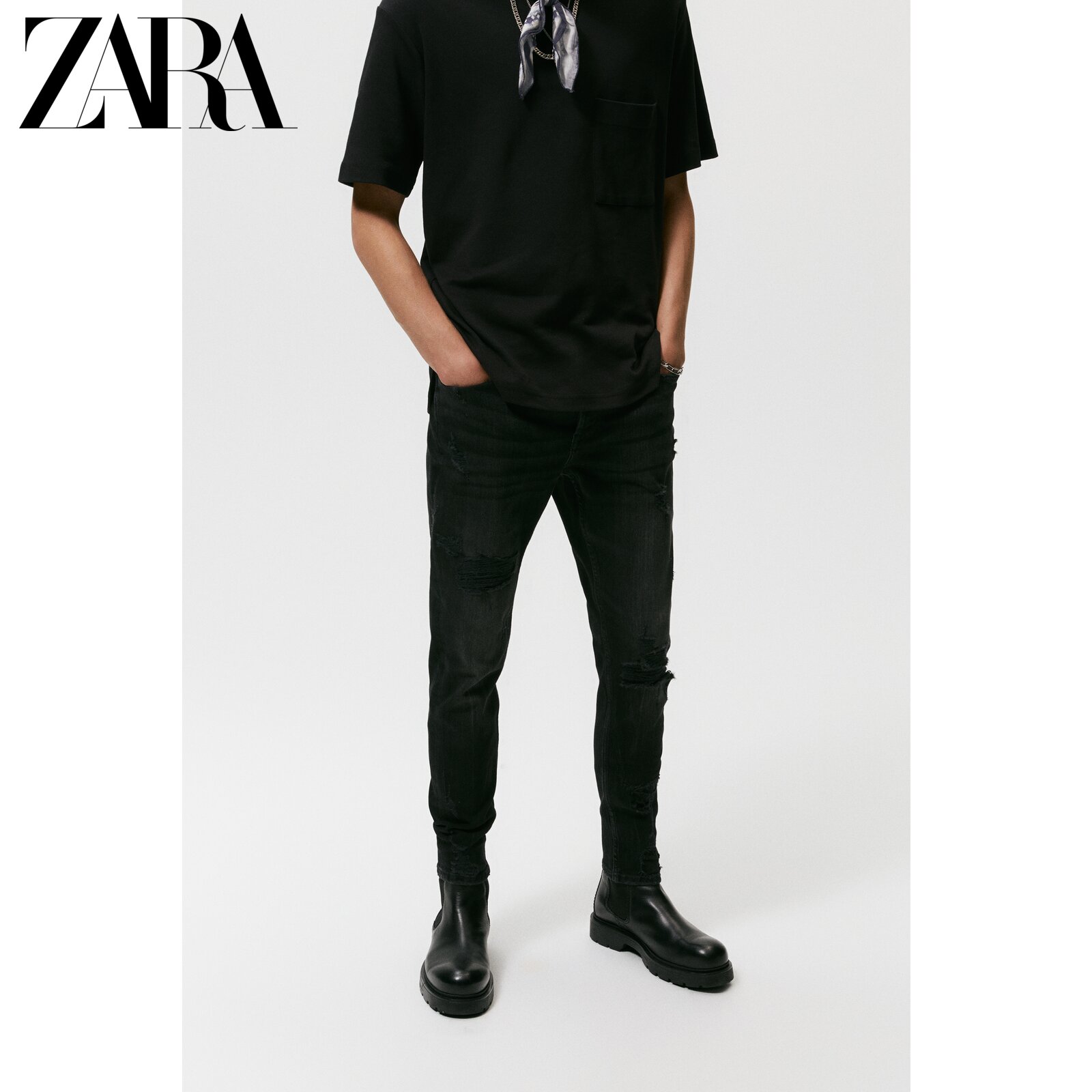 ZARA spring men's clothing tight with small feet breaking holes to make old denim smoke pipe pants 6045344800