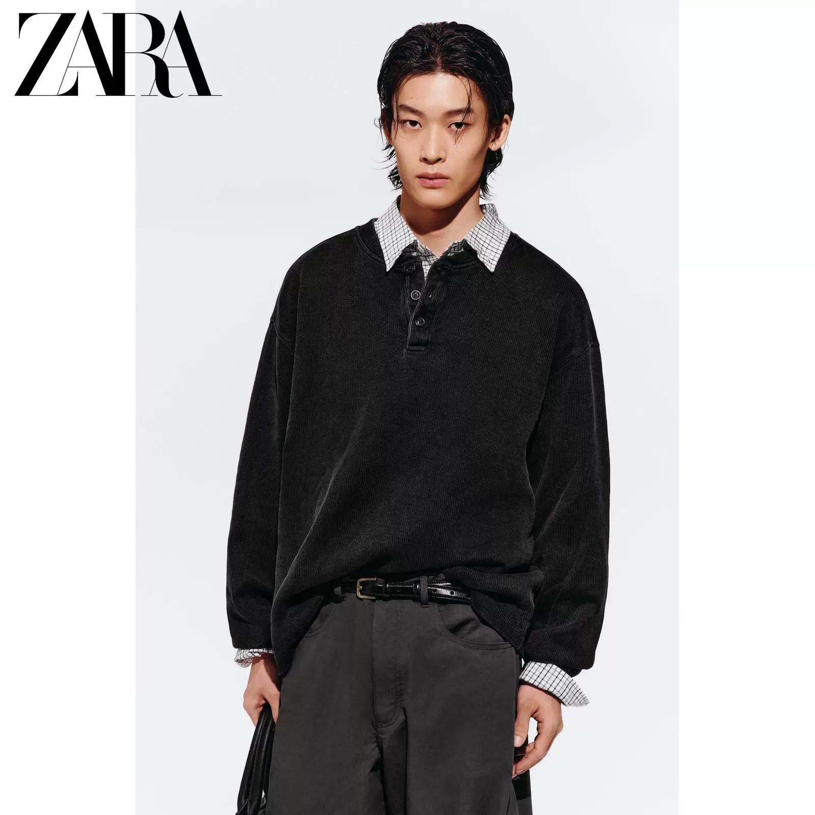 ZARA 2026 весна-лето новые поступления мужской хлопковый свитшот с кнопками Henley воротник структурированный Sweatshirt 0526441 898