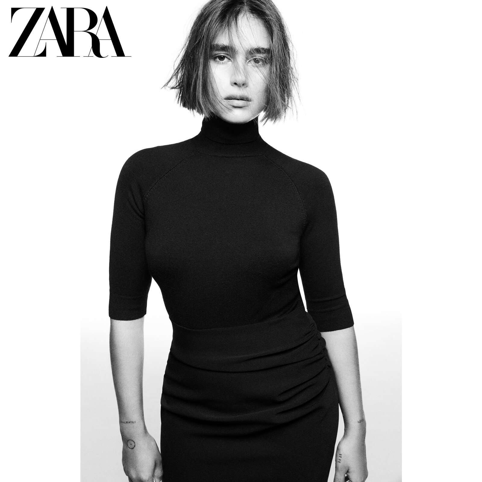 ZARA summer new women's black slim fit stand-up collar sweater knitted sweater 1509124 800