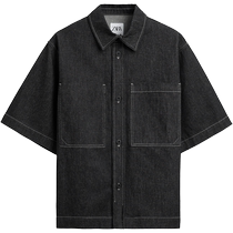 ZARA24 new summer products mens black quilted lapel short-sleeved denim shirt 3991474 800