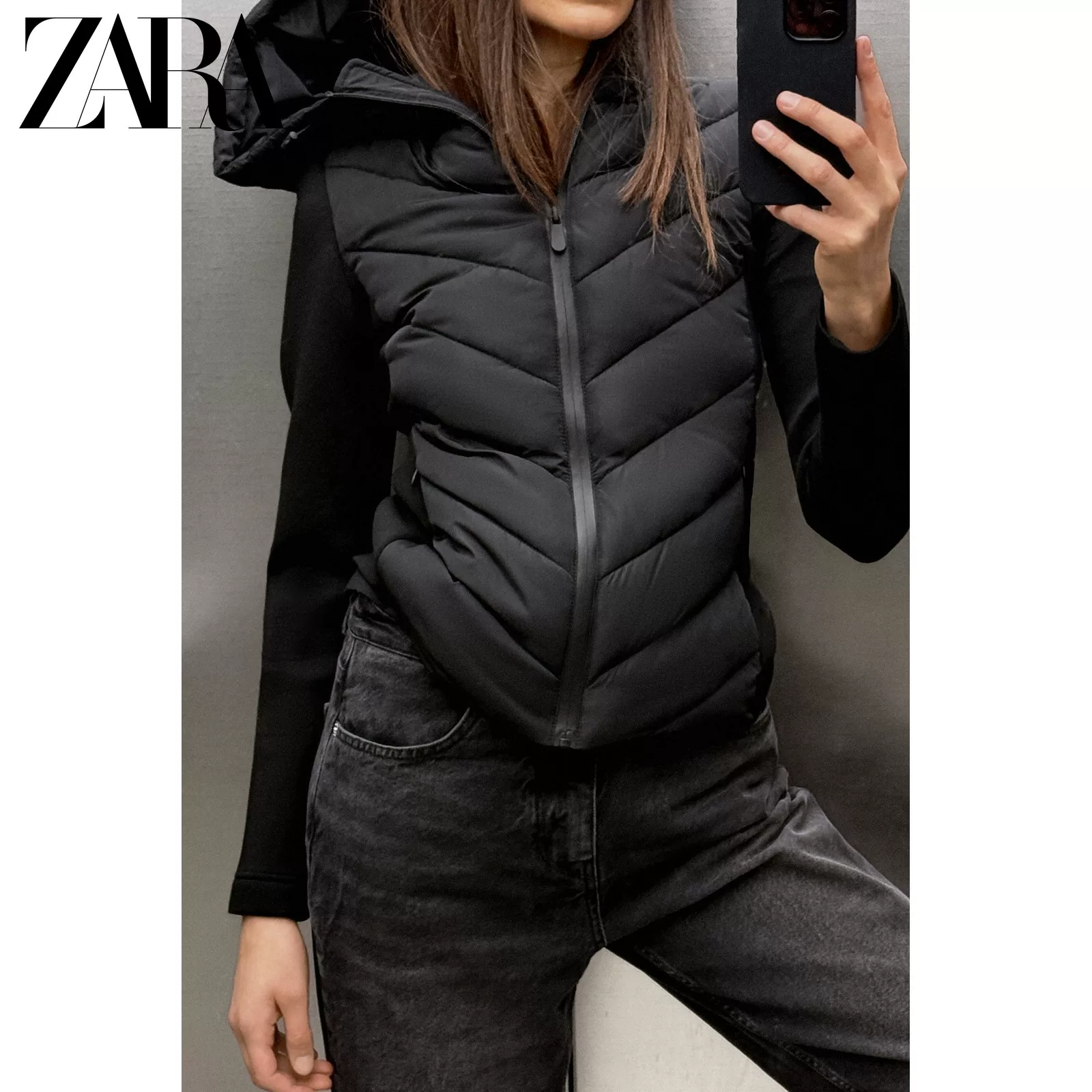 ZARA Летняя куртка с длинным рукавом и капюшоном, пуховик, Slim fit